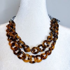 J Crew Tortoise Shell Double Stain Chain Gingham Bow Statement Necklace